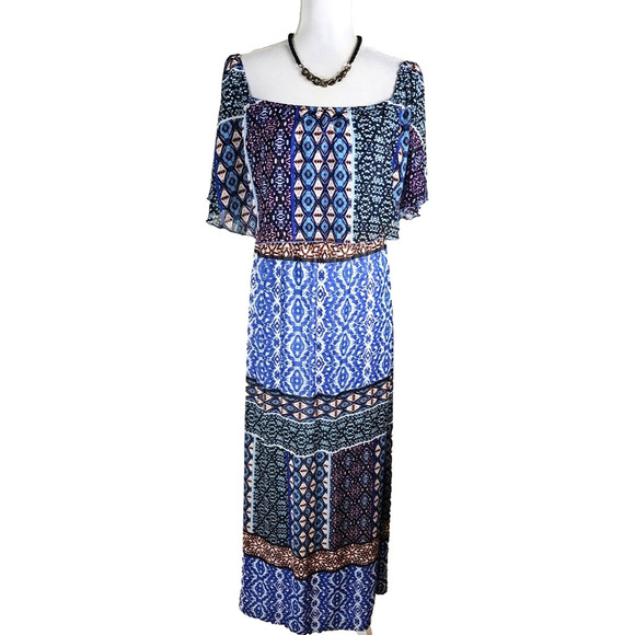 Chico's ~Size 0 (S)~ Blue Multi Maxi Pleasant Dress Off-shoulders NWT $139.00 - Picture 6 of 12